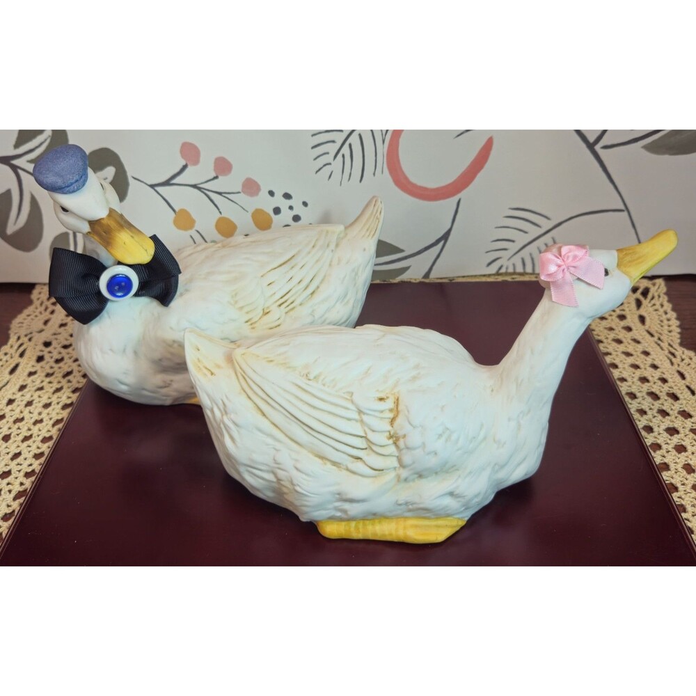 Cottage Core Vintage White Ceramic Dapper Boy & Girl Ducks w/ Added Adornments
